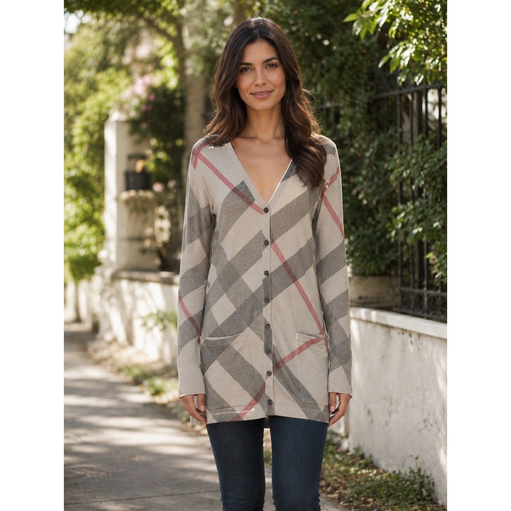 Burberry Brit Merino Wool Cashmere Blend Sweater Cardigan Plaid Sz Small Luxury